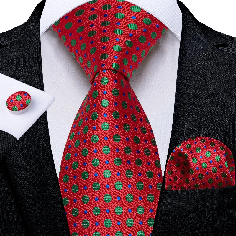 Men's tie for wedding parties-Red Blue Green Polka Dot Men's Tie Pocket Square Handkerchief Set