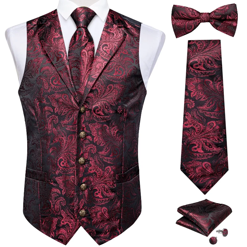 Men's modern necktie for business-Red Floral Jacquard V Neck Vest Neck Bow Tie Handkerchief Cufflinks Set