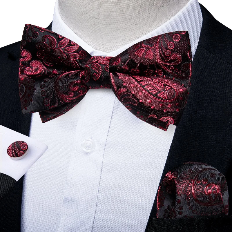 Men's tie with vibrant color-Red Floral Men's Pre-Bowtie Square Handkerchief Cufflinks Set