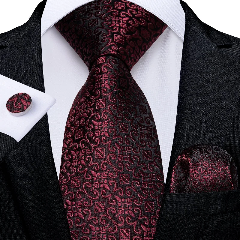 Formal silk tie for men-Red Floral Men's Tie Handkerchief Cufflinks Set