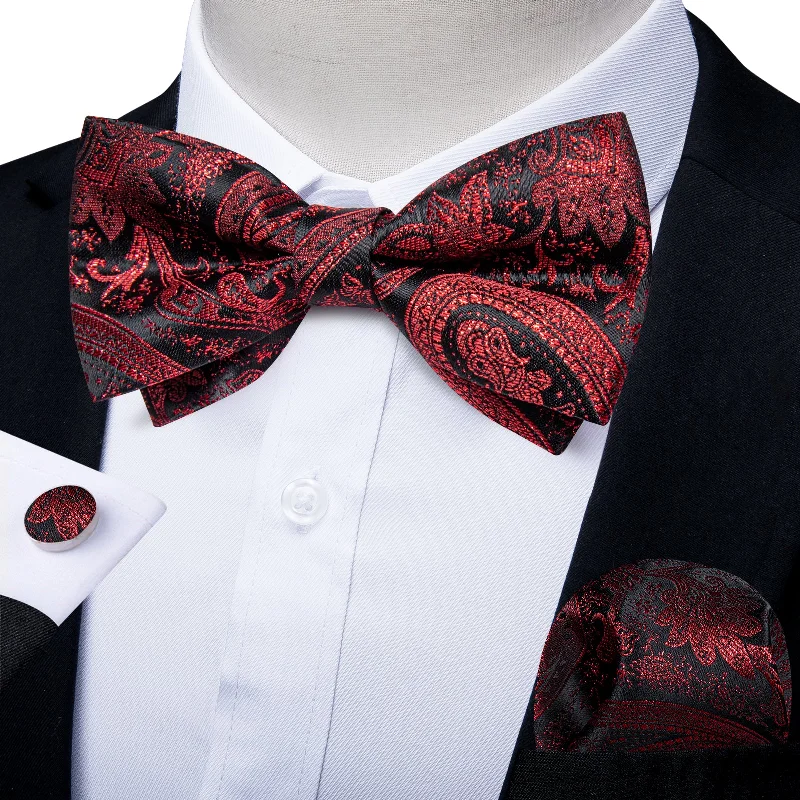 Men's tie for board meetings-Red Floral Silk Men's Pre-Bowtie Pocket Square Cufflinks Set