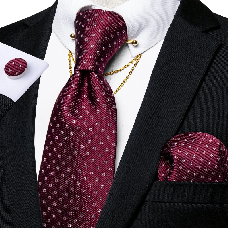 Men's tie for a stylish look-Red Geometric Tie Pocket Square Cufflinks Set with Collar Pin