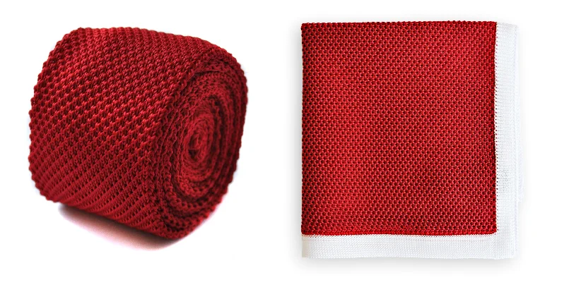 Men's necktie for fashion events-Red Knitted Tie with Matching Pocket Square