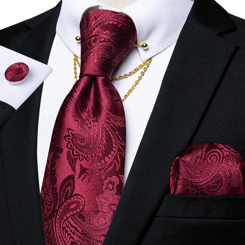 Men's tie for winter wedding-Red Paisley Men's Tie Handkerchief Cufflinks Set with Collar Pin