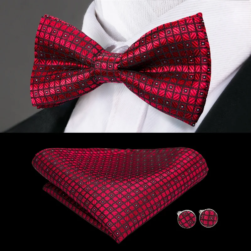 Men's tie for corporate meetings-Red Plaid Bowtie Pocket Square Cufflinks Set