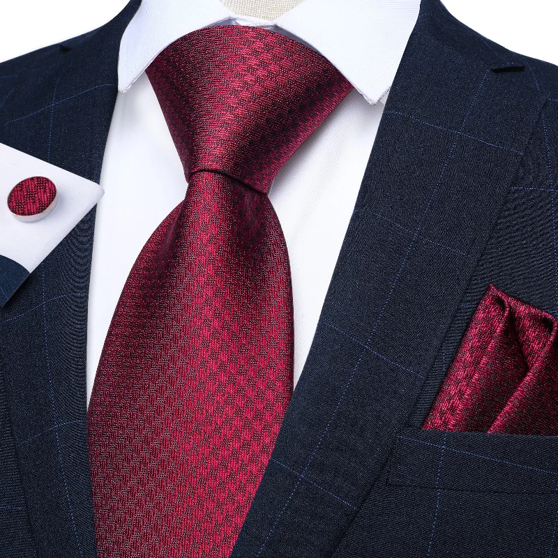 Men's tie for family gatherings-Red Plaid Silk Men's Tie Pocket Square Cufflinks Set