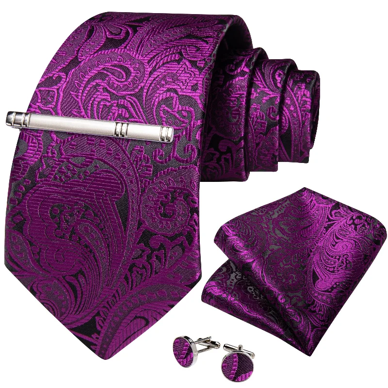 Men's classic necktie for office work-Rose Red Floral Men's Tie Handkerchief Cufflinks Clip Set