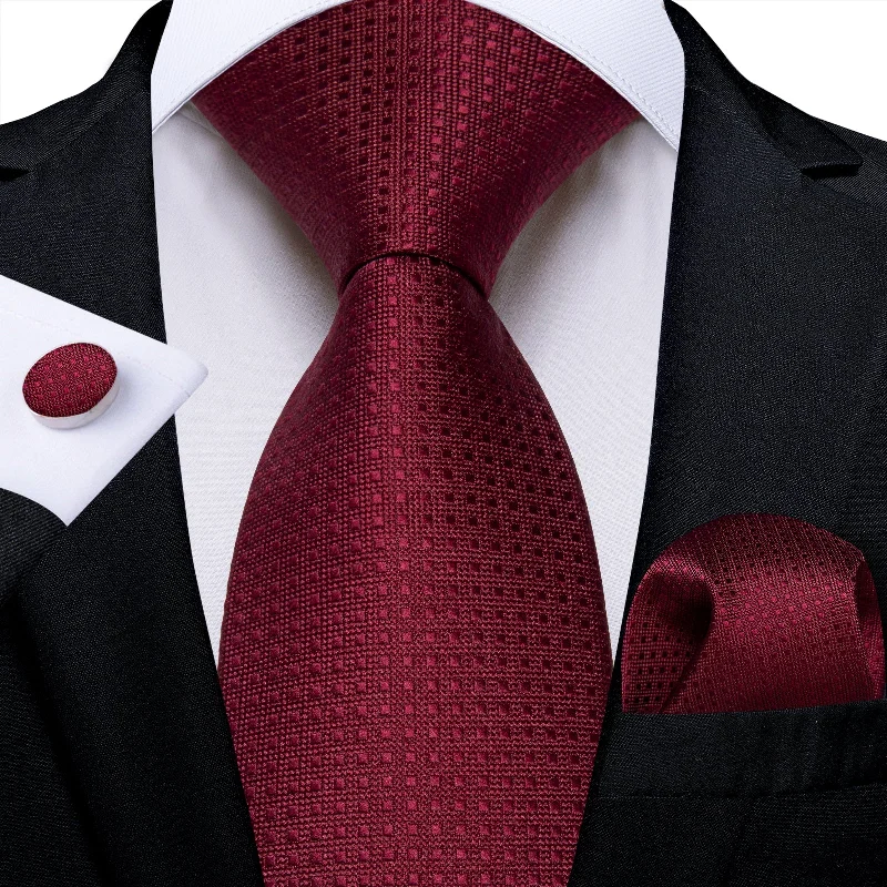 Men's tie with subtle polka dots-Sanguine Plaid Men's Tie Handkerchief Cufflinks Set