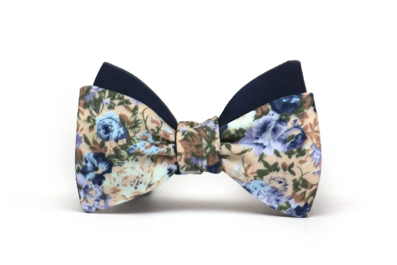 Men's tie for wedding parties-Blue Floral Reversible Self-Tie Bow Tie