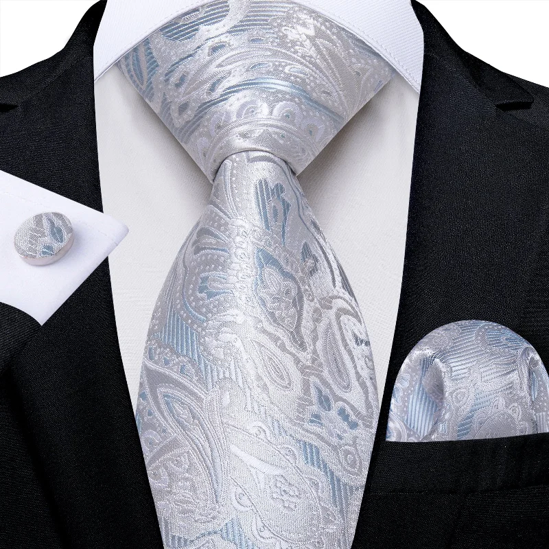 Modern men's necktie for work-Silver Floral Men's Tie Pocket Square Handkerchief Set