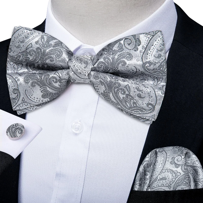 Men's tie for charity events-Silver Grey Floral Silk Bowtie Pocket Square Cufflinks Set