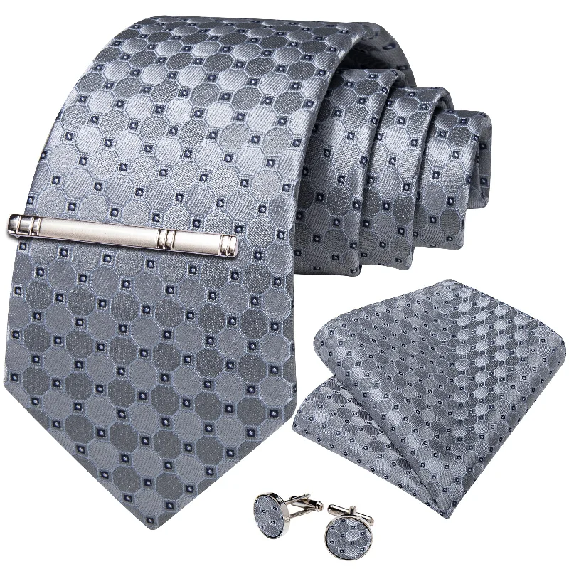 Men's formal tie for dinner events-Silver Grey Plaid Men's Tie Handkerchief Cufflinks Clip Set