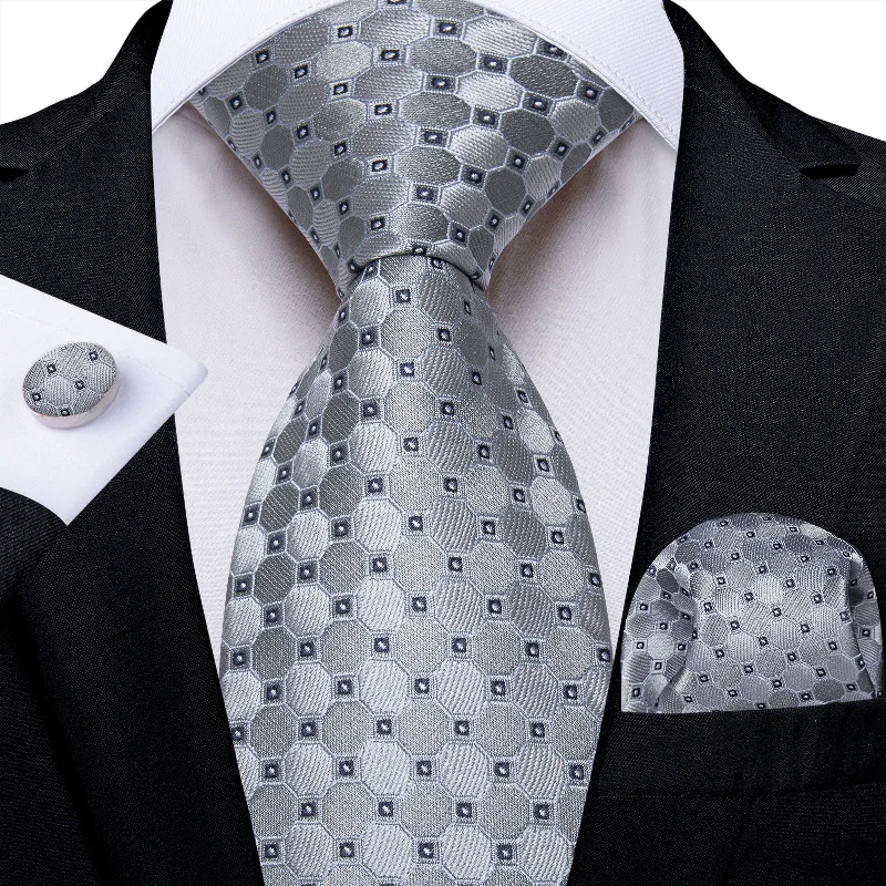 Best men's tie for casual Friday-Silver Grey Plaid Men's Tie Handkerchief Cufflinks Set