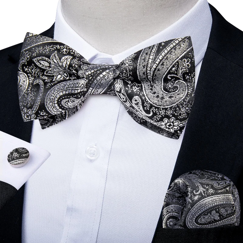 Stylish tie for professional men-Silver Grey Floral Silk Men's Pre-Bowtie Pocket Square Cufflinks Set