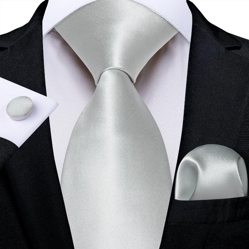 Fashionable men's tie for the office-Silver Grey Solid Men's Tie Pocket Square Handkerchief Set