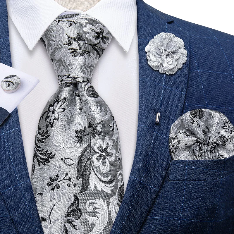 Men's tie with polka dots-Silver Grey White Floral Silk Men's Necktie Handkerchief Cufflinks Set With Lapel Pin Brooch Set