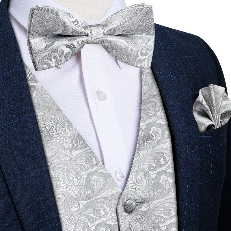 Men's necktie for fashion events-Silver Paisley Jacquard Silk Waistcoat Vest Bowtie Handkerchief Cufflinks Set