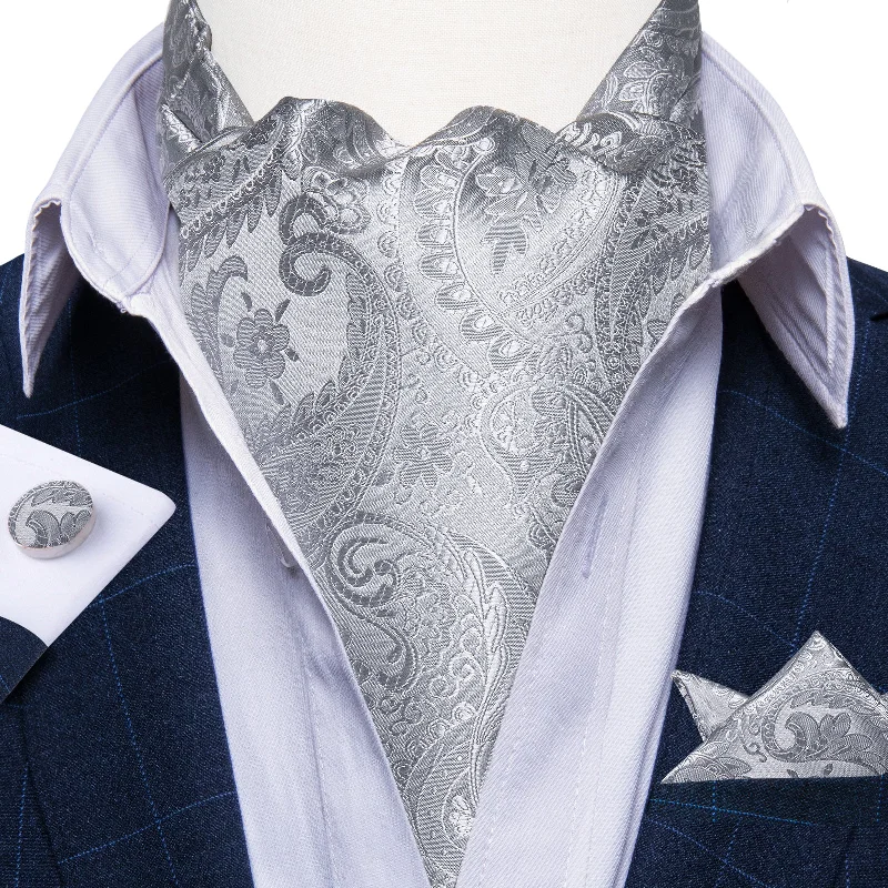 Men's tie for prom-Silver Paisley Silk Cravat Woven Ascot Tie Pocket Square Handkerchief Suit Set