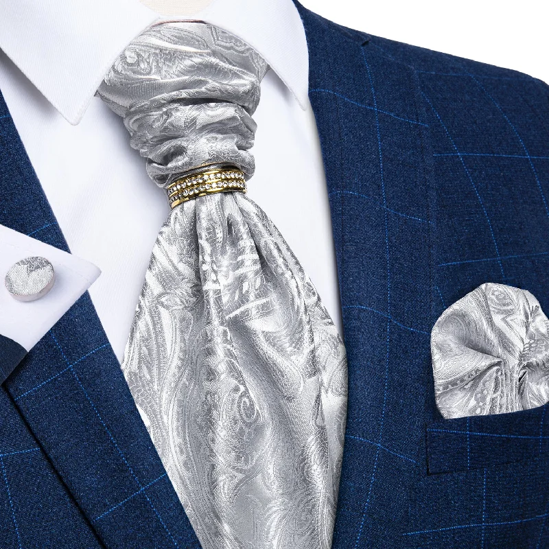 Men's high-quality silk necktie-Silver White Floral Silk Cravat Woven Ascot Tie Pocket Square Cufflinks With Tie Ring Set