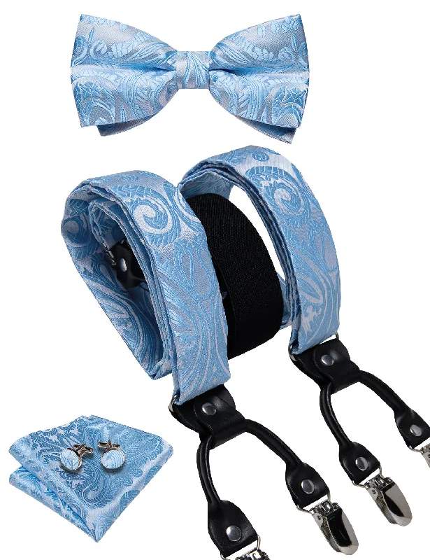 Men's vibrant silk tie-Sky Blue Floral Brace Clip-on Men's Suspender with Bow Tie Set