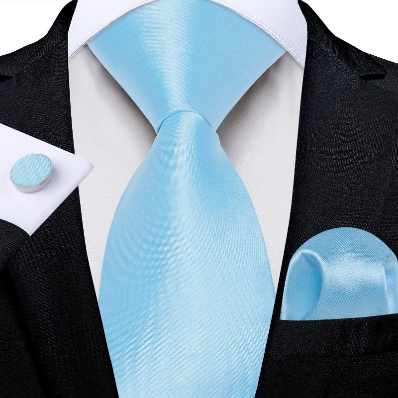 Fashionable men's tie for the office-Sky Blue Solid Men's Tie Handkerchief Cufflinks Set