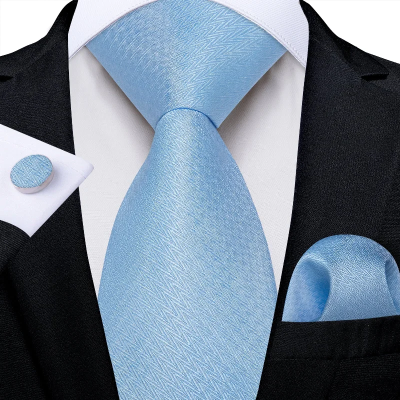 Men's tie with subtle polka dots-Sky Blue Striped Solid Men's Tie Pocket Square Handkerchief Set