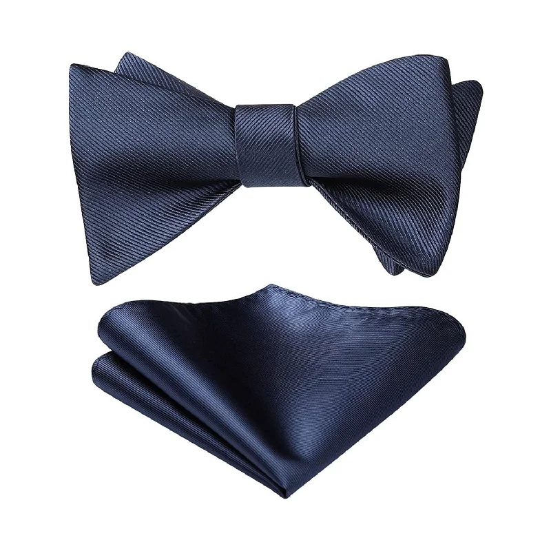 Classic men's tie with subtle texture-Solid Bow Tie & Pocket Square - 1-NAVY BLUE