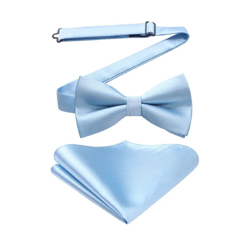 Men's tie for Thanksgiving-Solid Pre-Tied Bow Tie & Pocket Square - B-BLUE 1