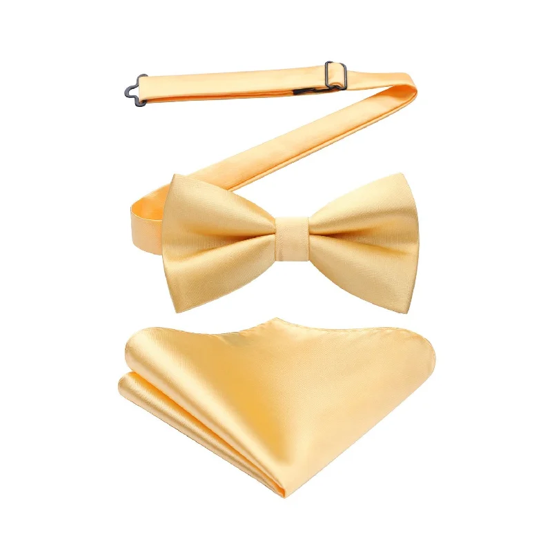 Men's tie with an embroidered design-Solid Bow Tie & Pocket Square - D-GOLD YELLOW