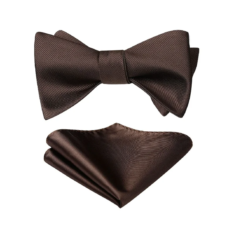 Classic necktie for men-Solid Bow Tie & Pocket Square - H1-BROWN