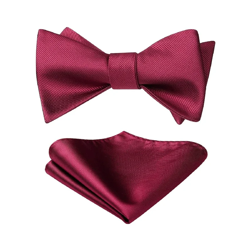 Luxury men's tie-Solid Bow Tie & Pocket Square - I1-BURGUNDY