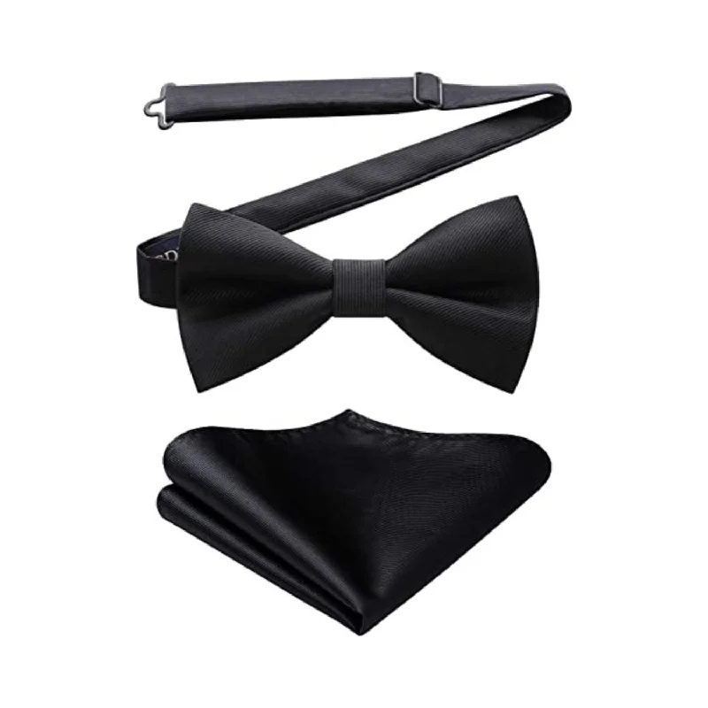 Men's tie for Christmas-Solid Pre-Tied Bow Tie & Pocket Square - 03-BLACK