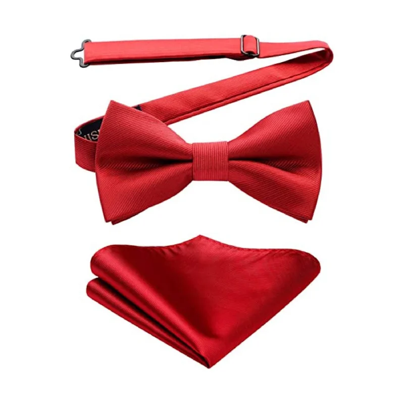 Men's tie for winter-Solid Pre-Tied Bow Tie & Pocket Square - 04-RED