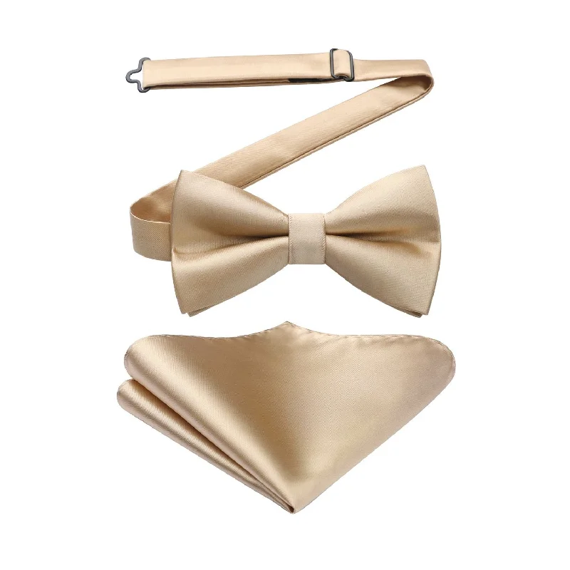 Men's silk tie for corporate events-Solid Pre-Tied Bow Tie & Pocket Square - A-CHAMPAGNE 3