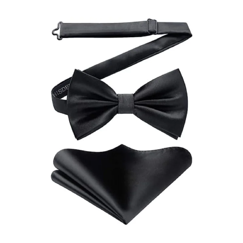 Men's silk tie with a refined texture-Solid Pre-Tied Bow Tie & Pocket Square - B-BLACK 2