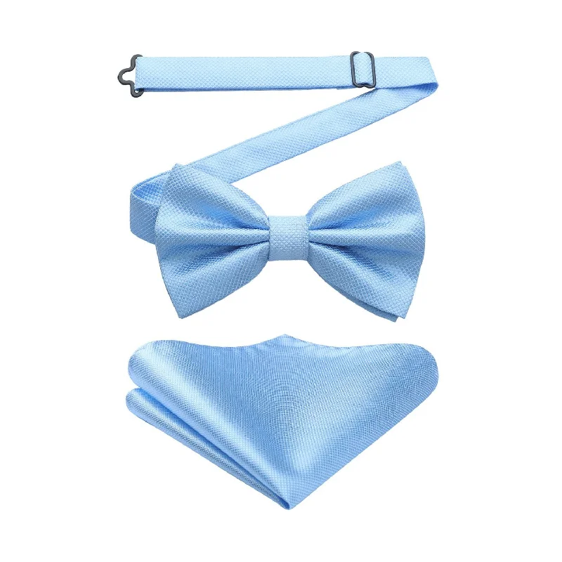 Best necktie for formal wear-Solid Pre-Tied Bow Tie & Pocket Square - B-BLUE 3