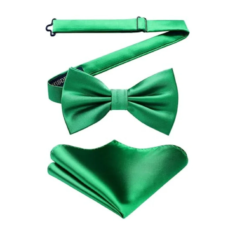 Classic men's tie with subtle texture-Solid Pre-Tied Bow Tie & Pocket Square - G-BRIGHT GREEN