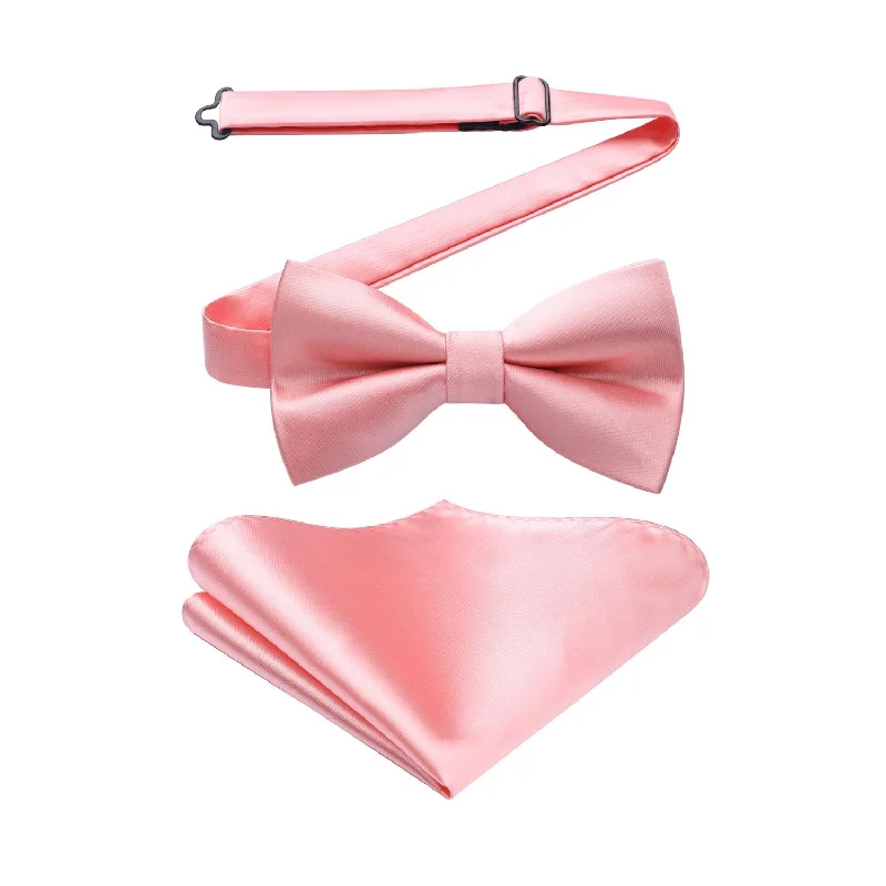 Men's tie for Christmas party-Solid Pre-Tied Bow Tie & Pocket Square - K-CORAL 2