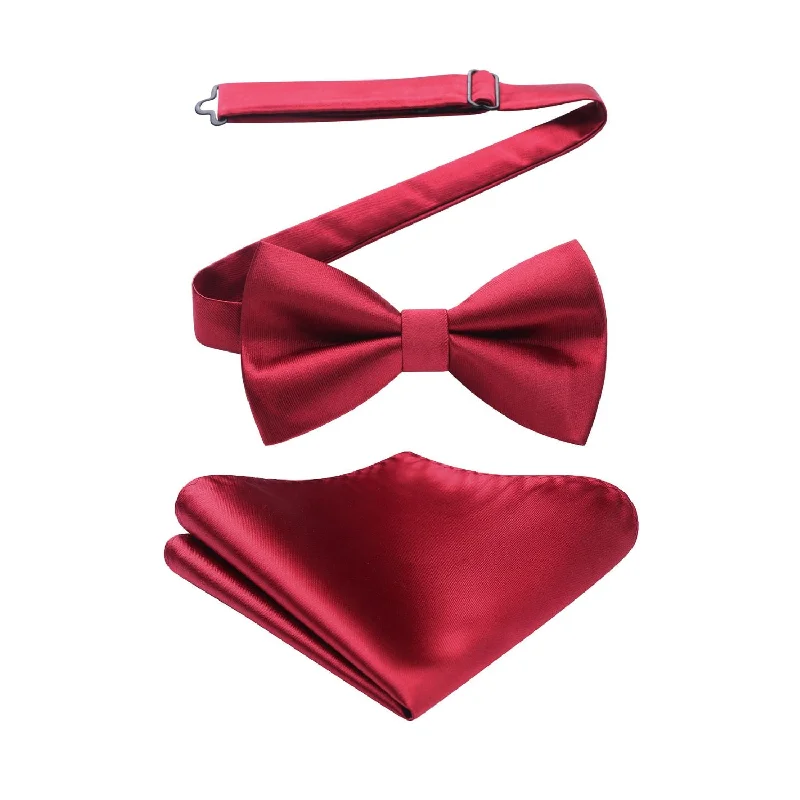 Elegant men's necktie for weddings-Solid Pre-Tied Bow Tie & Pocket Square - U-BURGUNDY 1