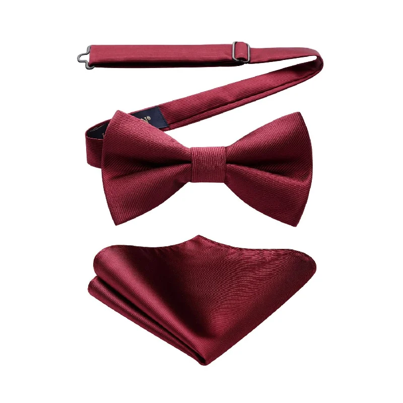 Trendy men's tie for evening wear-Solid Pre-Tied Bow Tie & Pocket Square - U-BURGUNDY 2