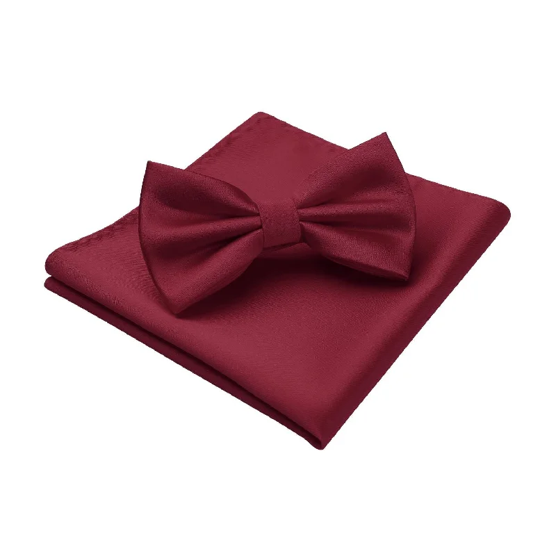 Best necktie for upscale events-Solid Pre-Tied Bow Tie & Pocket Square - U-BURGUNDY 1