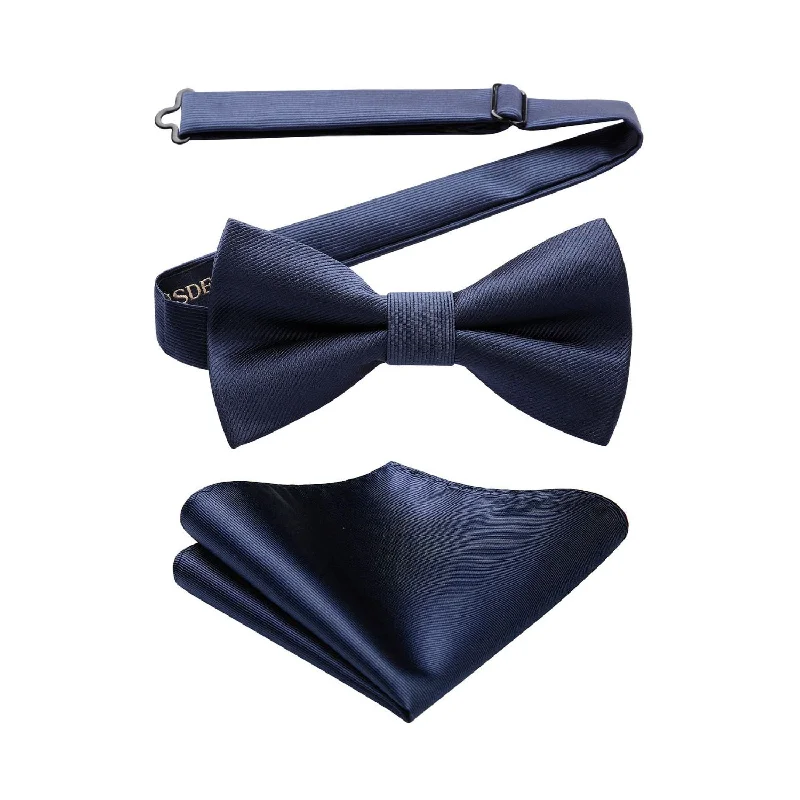 Men's tie with intricate design-Solid Pre-Tied Bow Tie & Pocket Square - V-NAVY BLUE 1