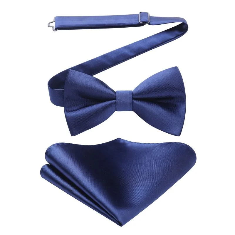 Affordable luxury men's tie-Solid Pre-Tied Bow Tie & Pocket Square - V-NAVY BLUE 1