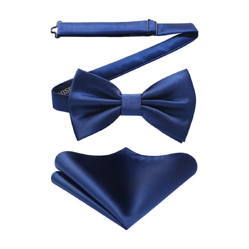 Designer tie for men-Solid Pre-Tied Bow Tie & Pocket Square - V-NAVY BLUE 2