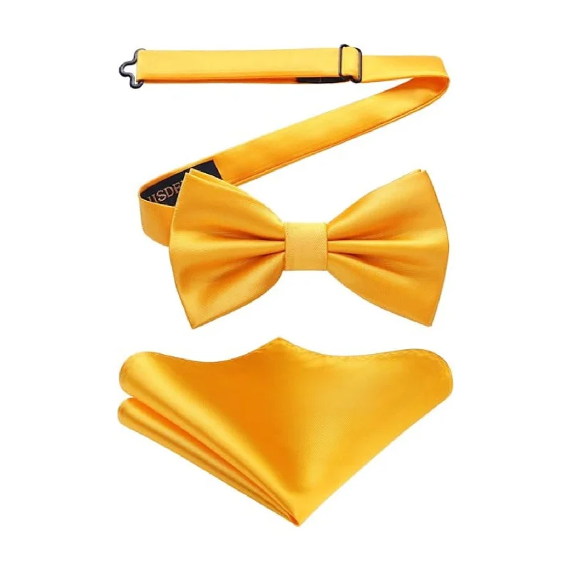 Men's necktie for upscale dining-Solid Pre-Tied Bow Tie & Pocket Square - Y-BRIGHT YELLOW