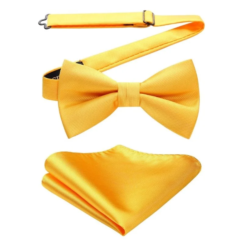 Simple men's tie for interviews-Solid Pre-Tied Bow Tie & Pocket Square - Y-BRIGHT YELLOW