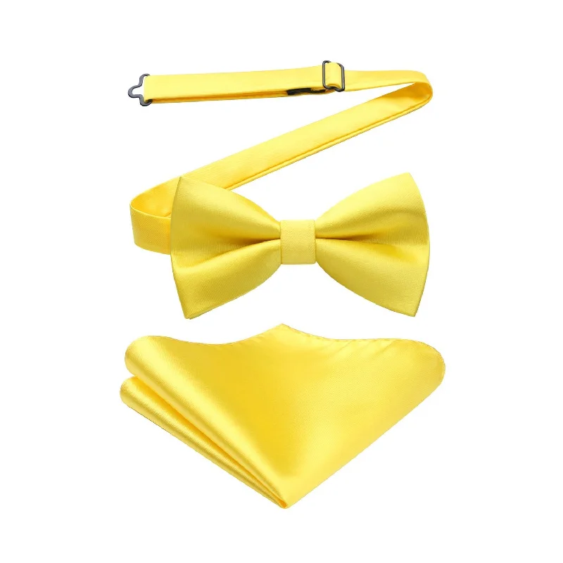 Men's tie with geometric design-Solid Pre-Tied Bow Tie & Pocket Square - Y-LEMON YELLOW