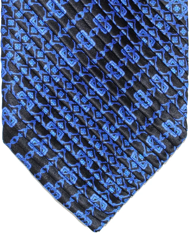 Men's tie with light blue color-Stefano Ricci Tie Black Royal Blue Geometric Design - Pleated Silk