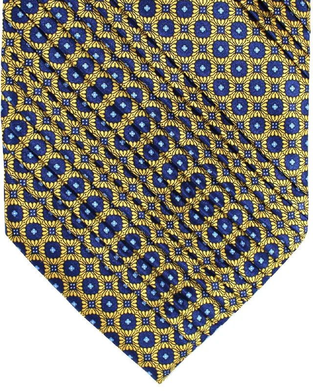 Men's tie with polka dots for summer-Stefano Ricci Tie Yellow Gold Navy Blue Geometric Design - Pleated Silk SALE