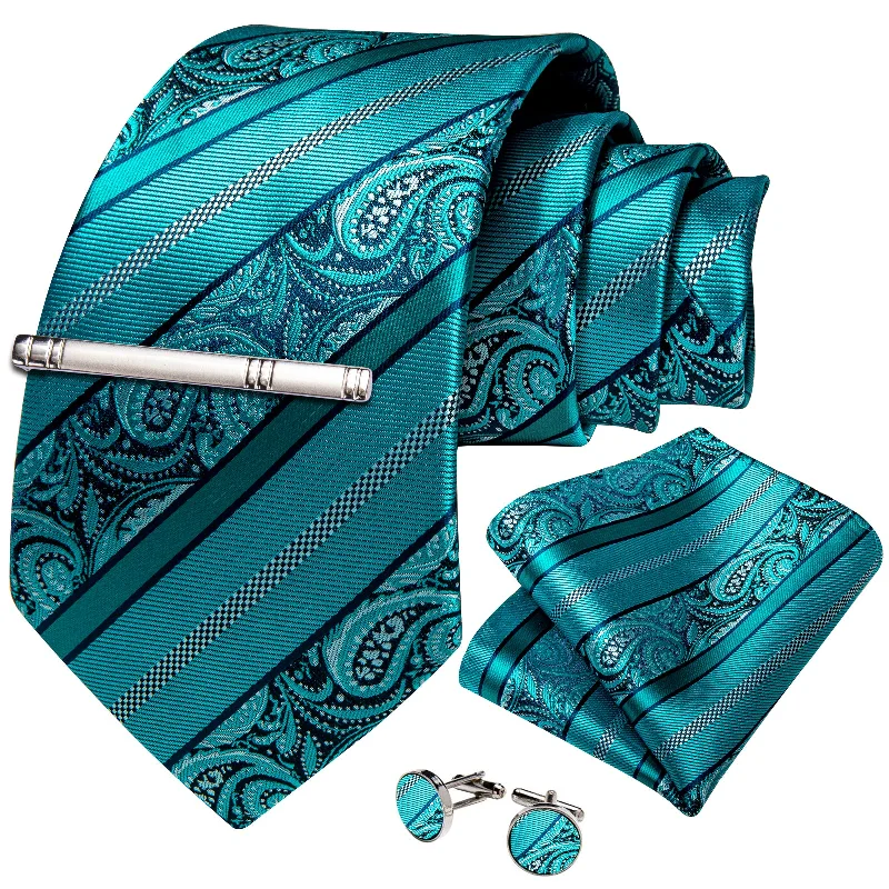 Stylish men's tie with floral design-Teal Black Floral Men's Tie Handkerchief Cufflinks Clip Set